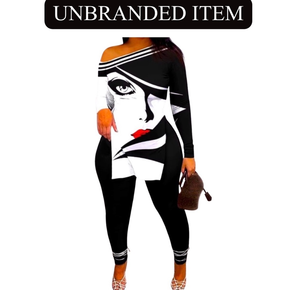 2 Piece: Black and White Bardot Glamour Face Print Outfit, NWOT
